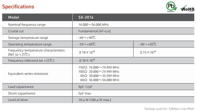 SX2016晶振规格书